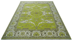 Bright Green and Ivory Hand knotted Oriental Oushak 9x12 wool Area Rug