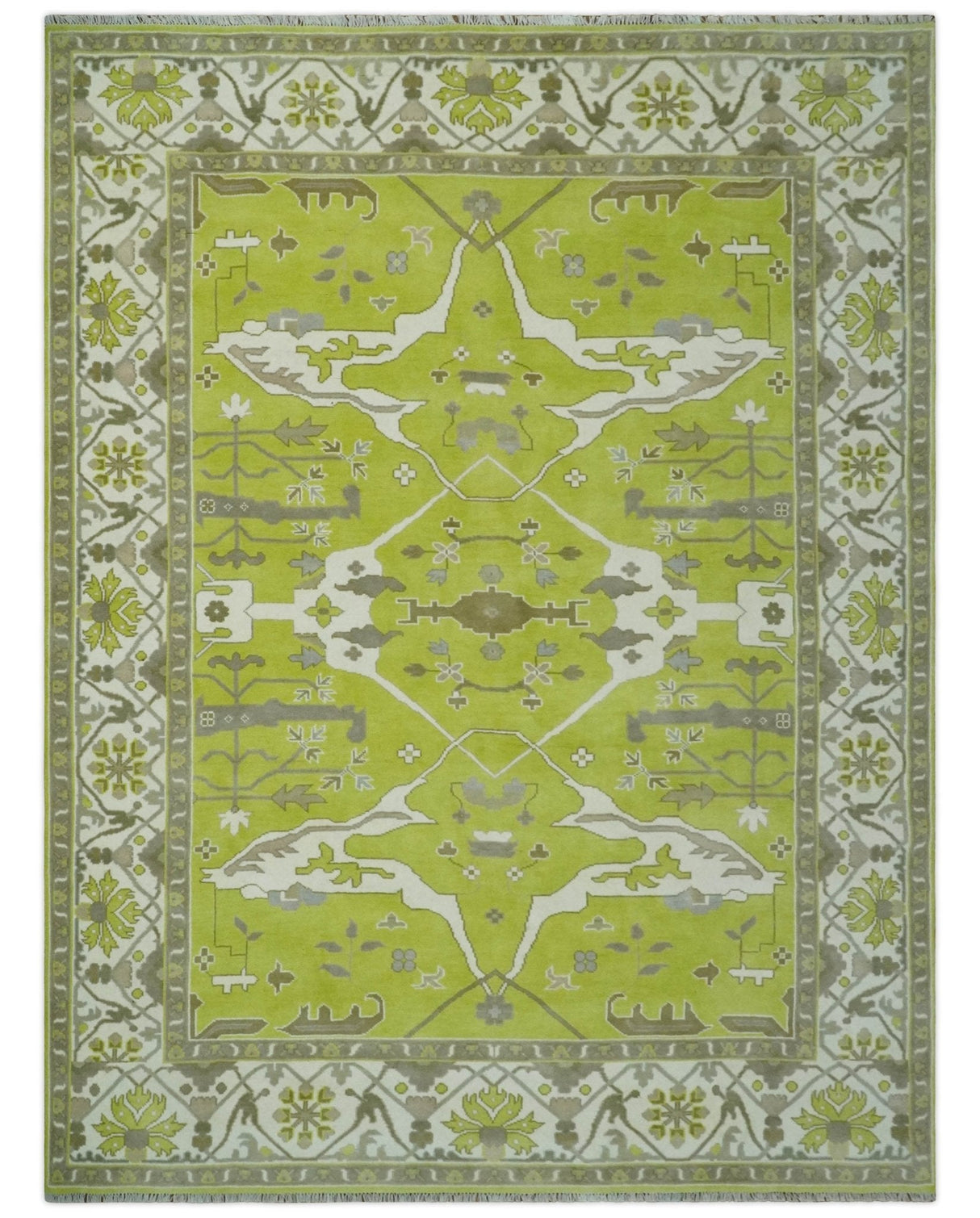 Bright Green and Ivory Hand knotted Oriental Oushak 9x12 wool Area Rug