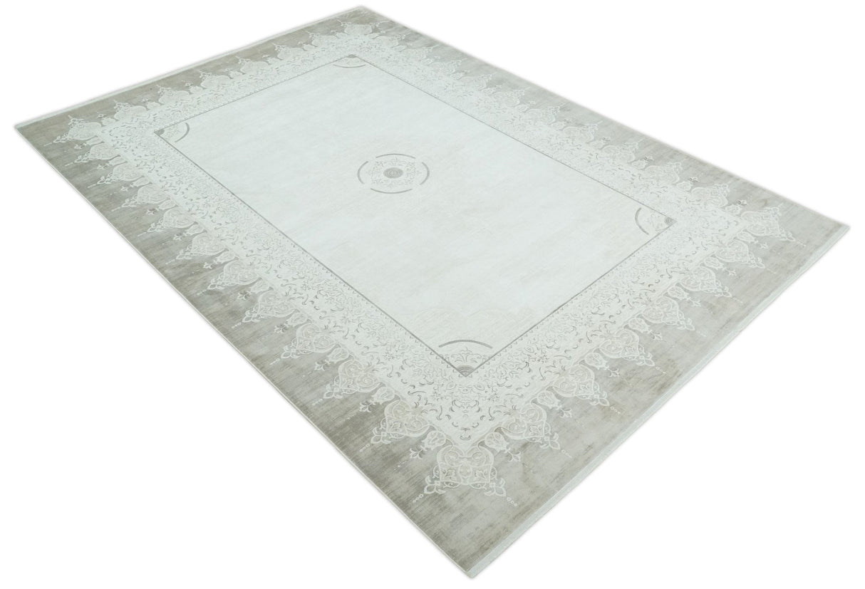 Brown, Beige and Ivory Antique Finish, Vintage look, Art Silk Area Rug, Living Room Rug | TRDMM2