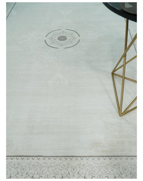 Brown, Beige and Ivory Antique Finish, Vintage look, Art Silk Area Rug, Living Room Rug | TRDMM2