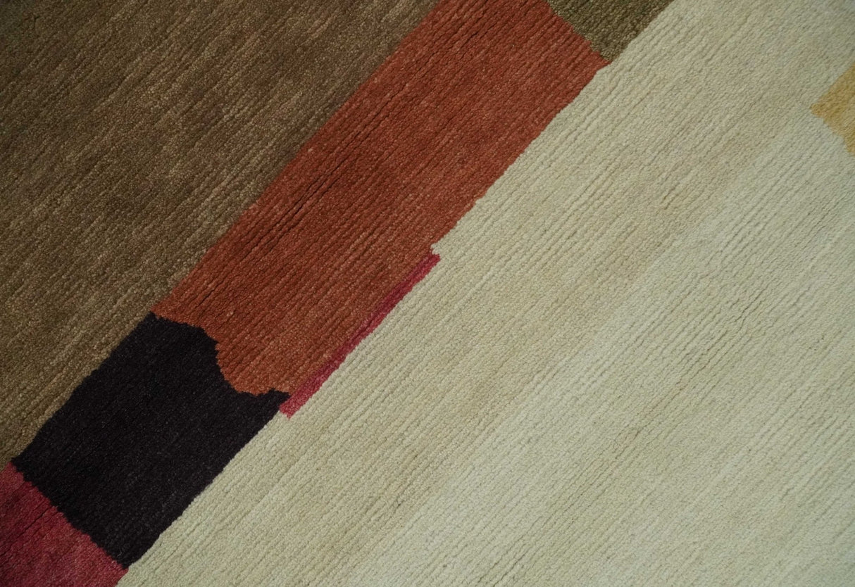 Brown, Ivory, Beige and Rust Modern Abstract Hand knotted 5X6.6 Wool Area Rug