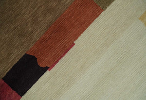 Brown, Ivory, Beige and Rust Modern Abstract Hand knotted 5X6.6 Wool Area Rug