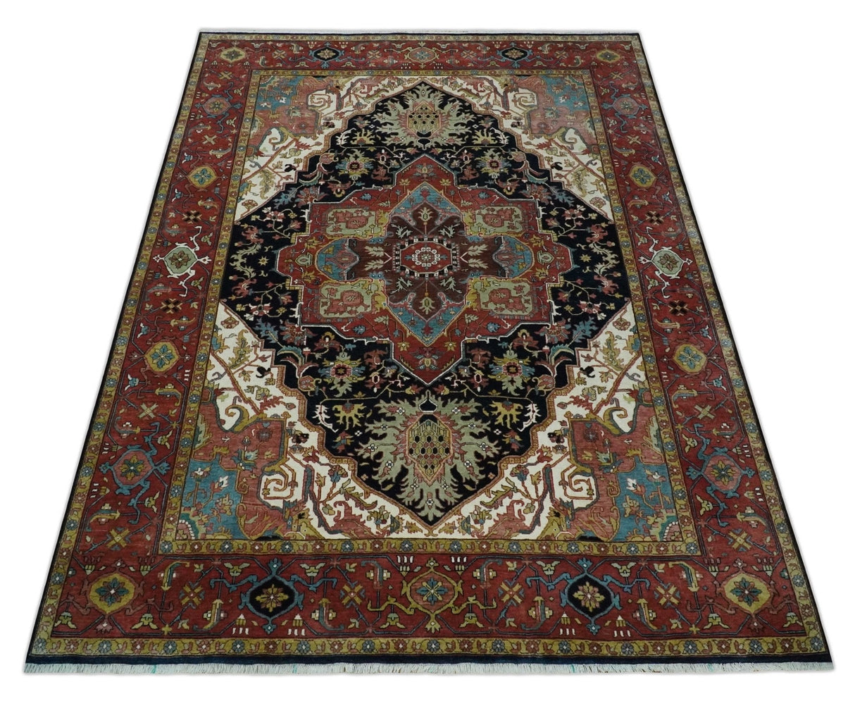Brown, Ivory and Black Hand Knotted Antique 9x12 Traditional Heriz Serapi Wool Rug | TRDCP1343912
