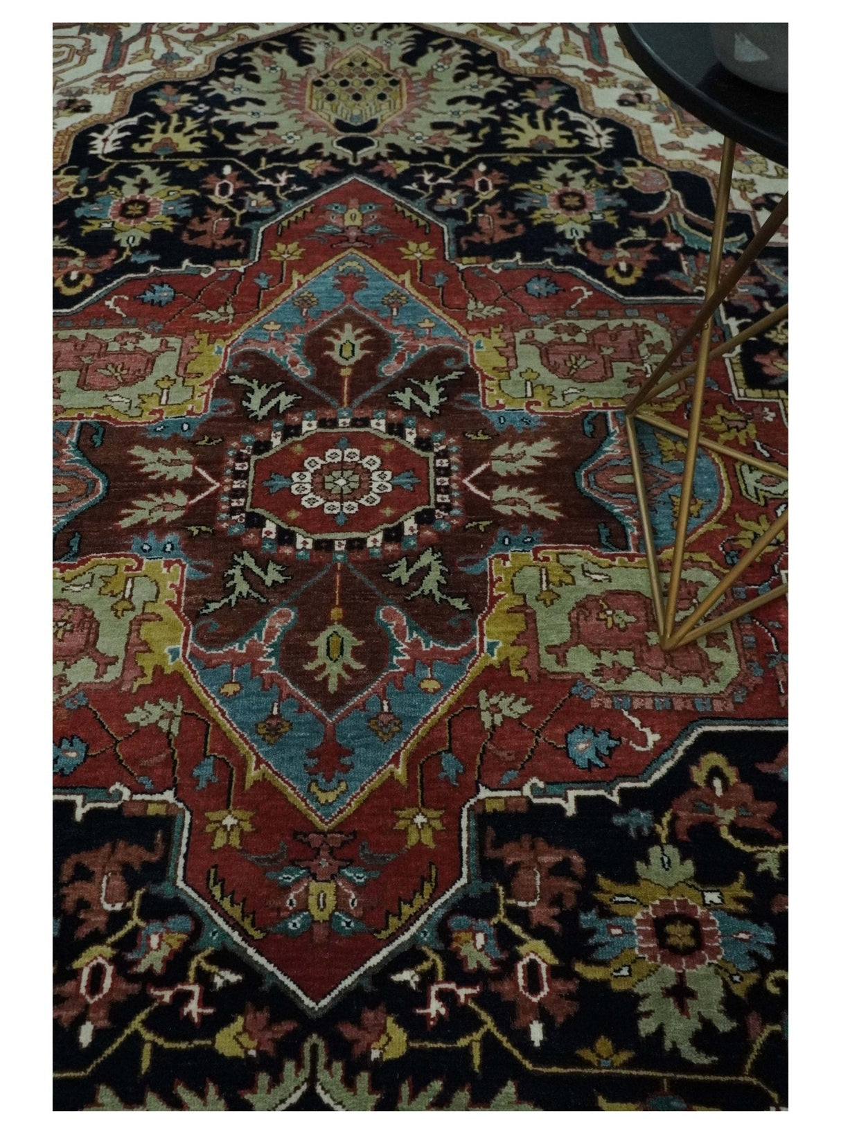 Brown, Ivory and Black Hand Knotted Antique 9x12 Traditional Heriz Serapi Wool Rug | TRDCP1343912