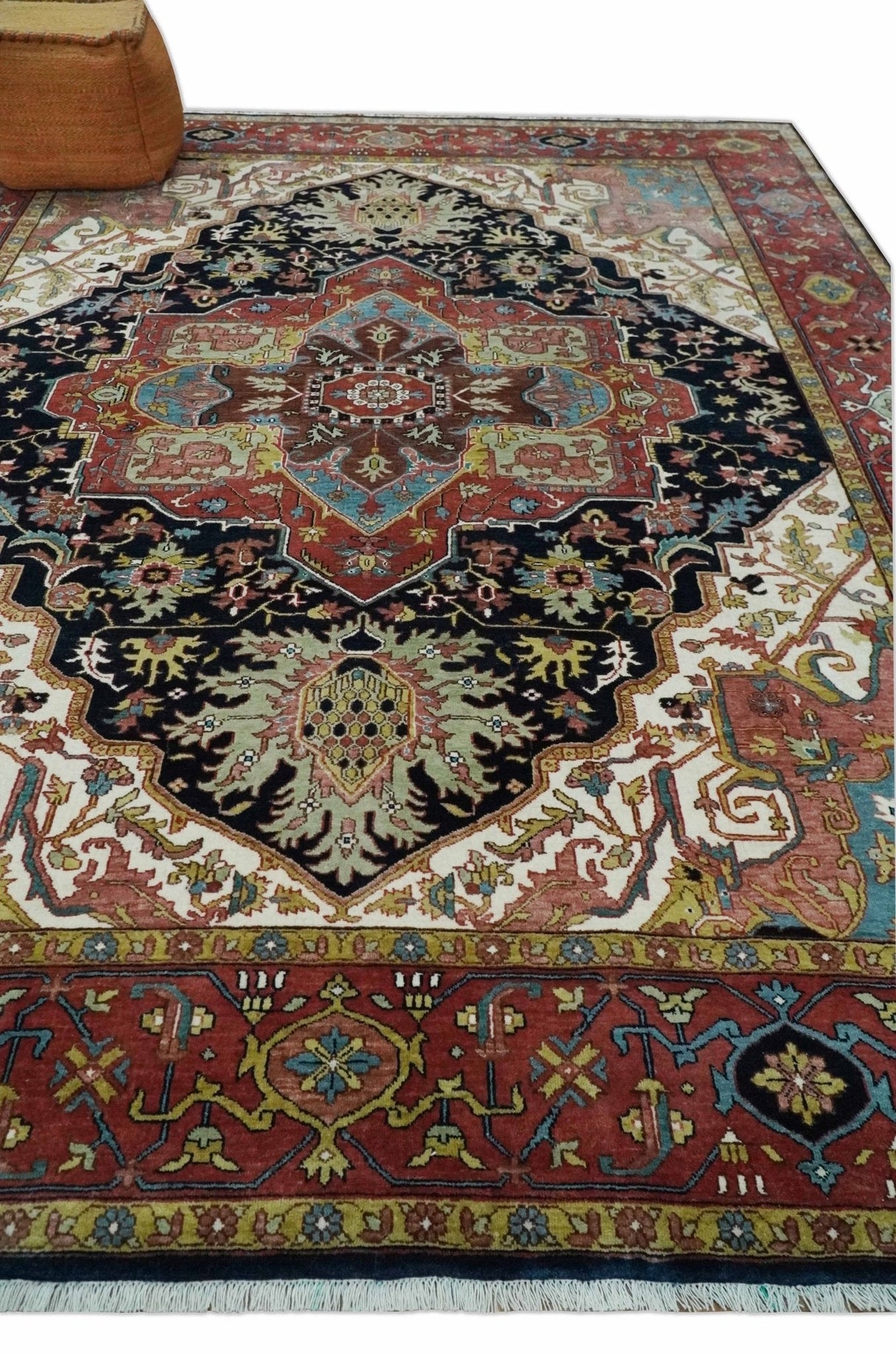 Brown, Ivory and Black Hand Knotted Antique 9x12 Traditional Heriz Serapi Wool Rug | TRDCP1343912