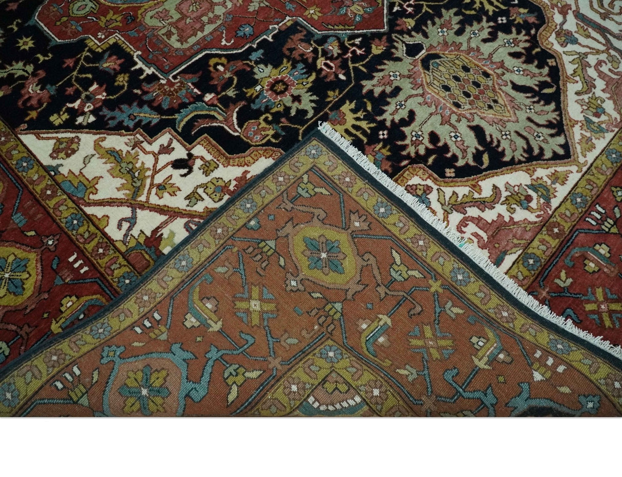 Brown, Ivory and Black Hand Knotted Antique 9x12 Traditional Heriz Serapi Wool Rug | TRDCP1343912