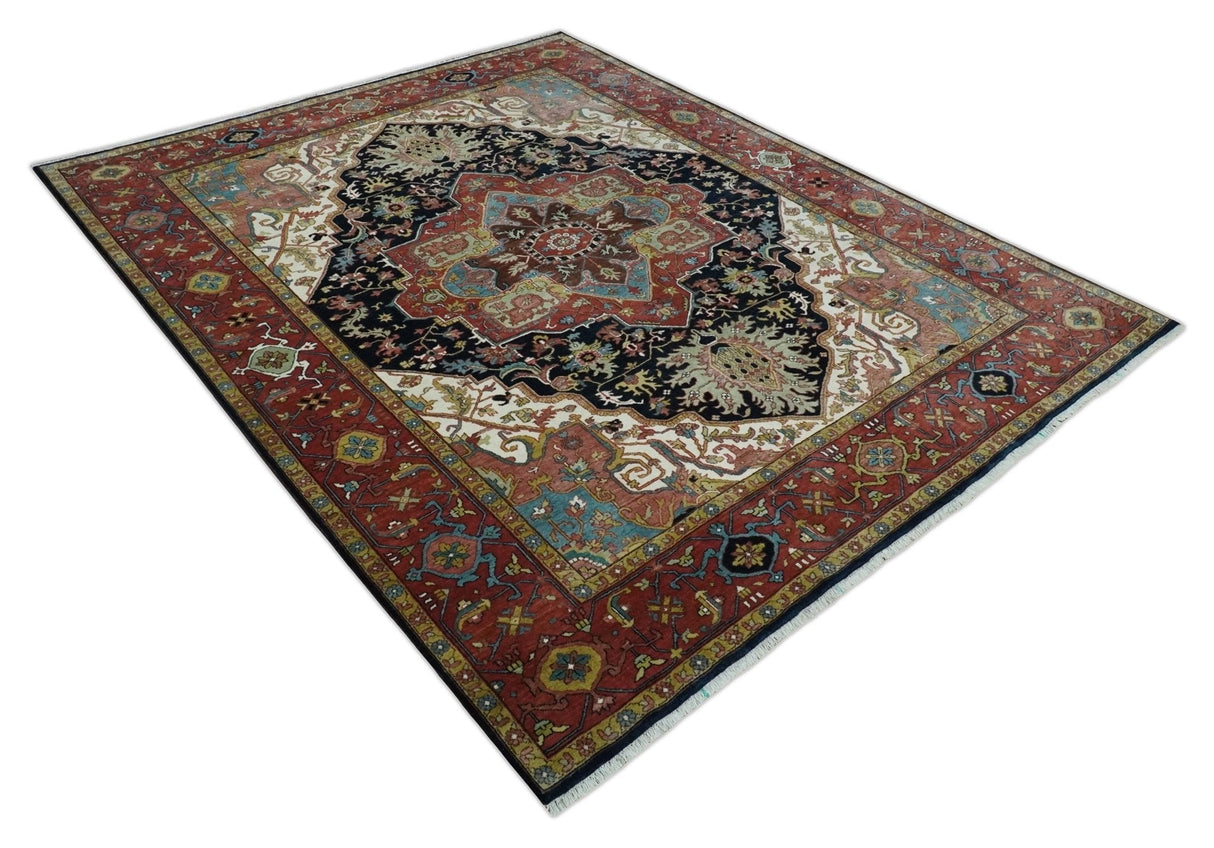 Brown, Ivory and Black Hand Knotted Antique 9x12 Traditional Heriz Serapi Wool Rug | TRDCP1343912