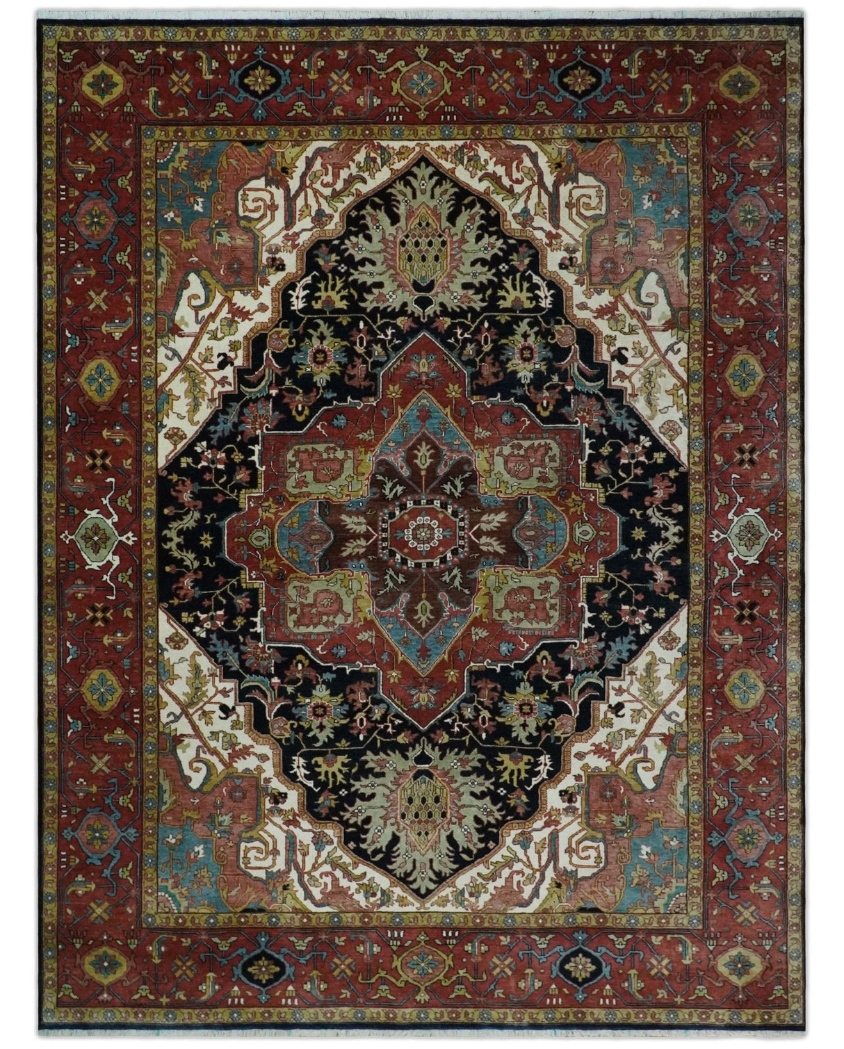 Brown, Ivory and Black Hand Knotted Antique 9x12 Traditional Heriz Serapi Wool Rug | TRDCP1343912