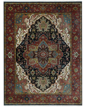 Brown, Ivory and Black Hand Knotted Antique 9x12 Traditional Heriz Serapi Wool Rug | TRDCP1343912