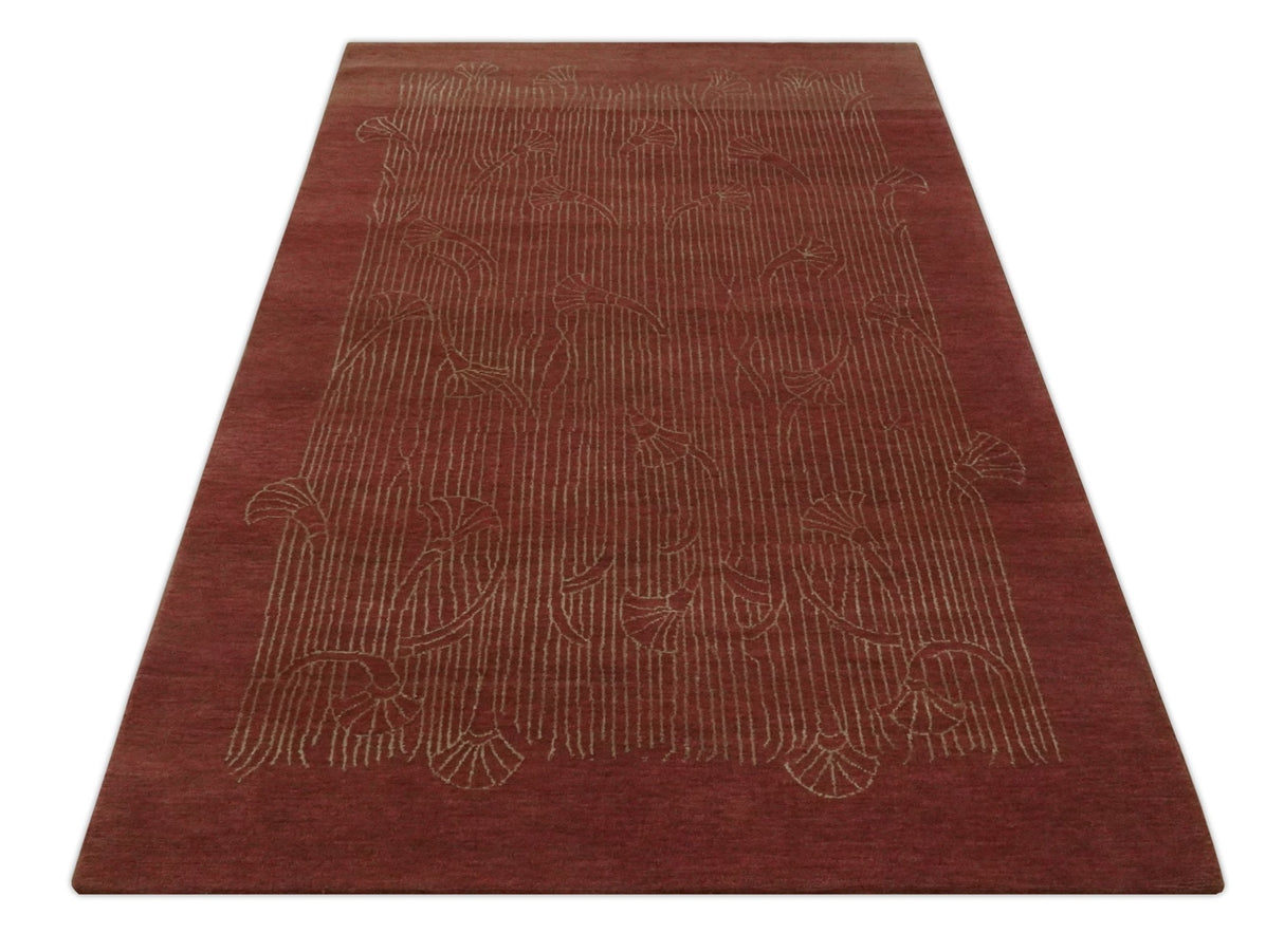 Brown and Gold Modern Stripes Shehnai Print 5x8 Hand loom wool and Art Silk Area Rug