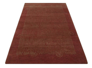 Brown and Gold Modern Stripes Shehnai Print 5x8 Hand loom wool and Art Silk Area Rug