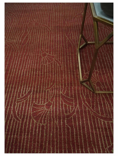 Brown and Gold Modern Stripes Shehnai Print 5x8 Hand loom wool and Art Silk Area Rug