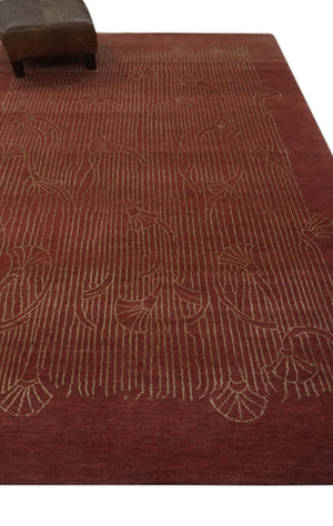Brown and Gold Modern Stripes Shehnai Print 5x8 Hand loom wool and Art Silk Area Rug