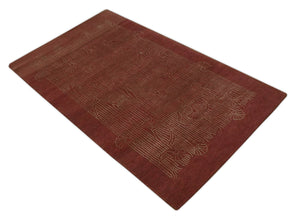 Brown and Gold Modern Stripes Shehnai Print 5x8 Hand loom wool and Art Silk Area Rug
