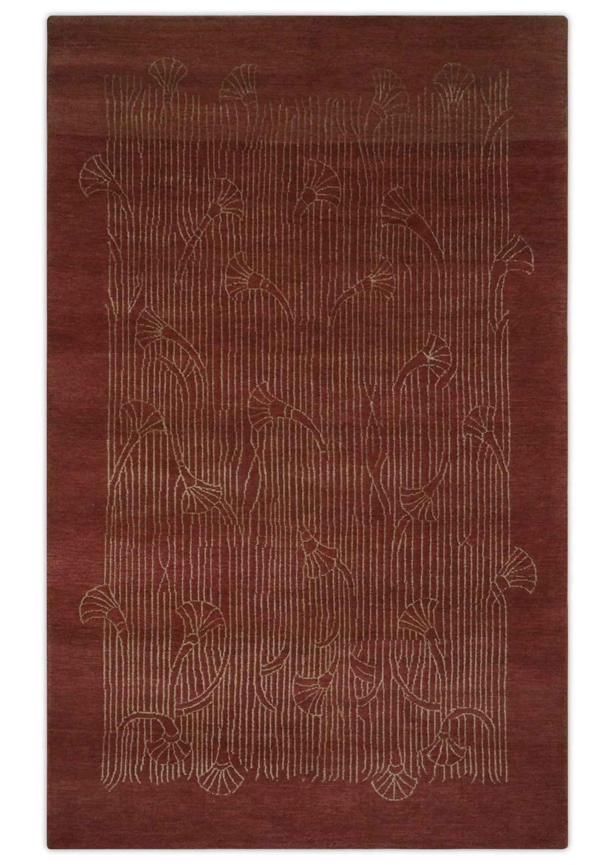 Brown and Gold Modern Stripes Shehnai Print 5x8 Hand loom wool and Art Silk Area Rug