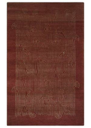 Brown and Gold Modern Stripes Shehnai Print 5x8 Hand loom wool and Art Silk Area Rug