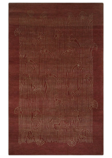 Brown and Gold Modern Stripes Shehnai Print 5x8 Hand loom wool and Art Silk Area Rug