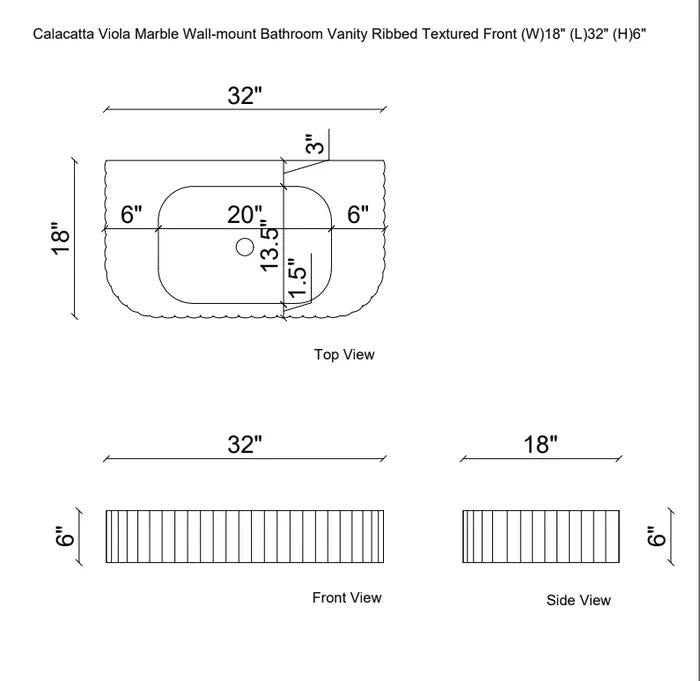 Calacatta Viola Marble Wall-mount Bathroom Vanity Sink Ribbed Textured Front (W)18" (L)32"
