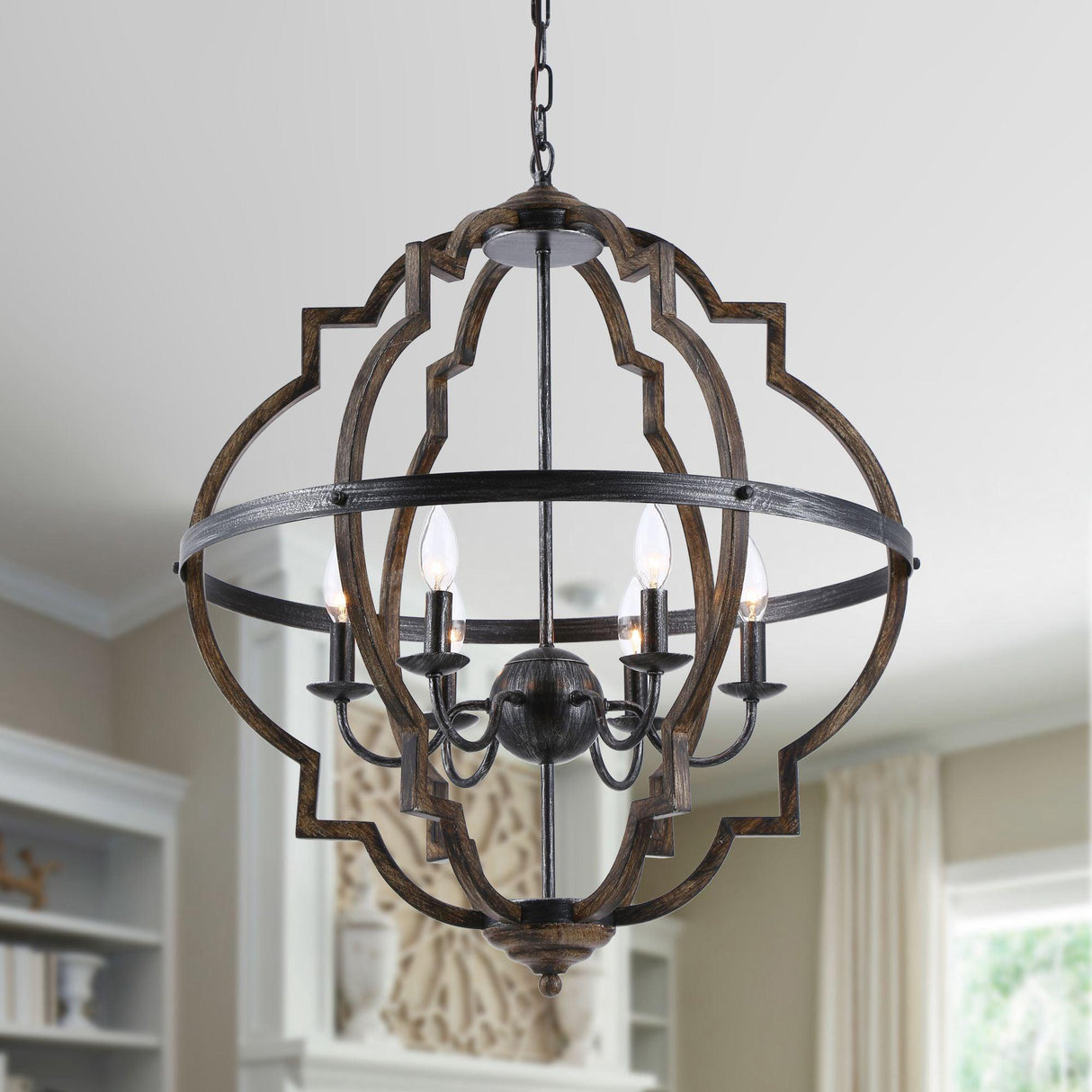 Cambon 6-Light Distressed Black and Brushed Wood Lantern Geometric Chandelier