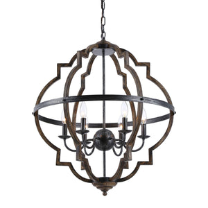 Cambon 6-Light Distressed Black and Brushed Wood Lantern Geometric Chandelier