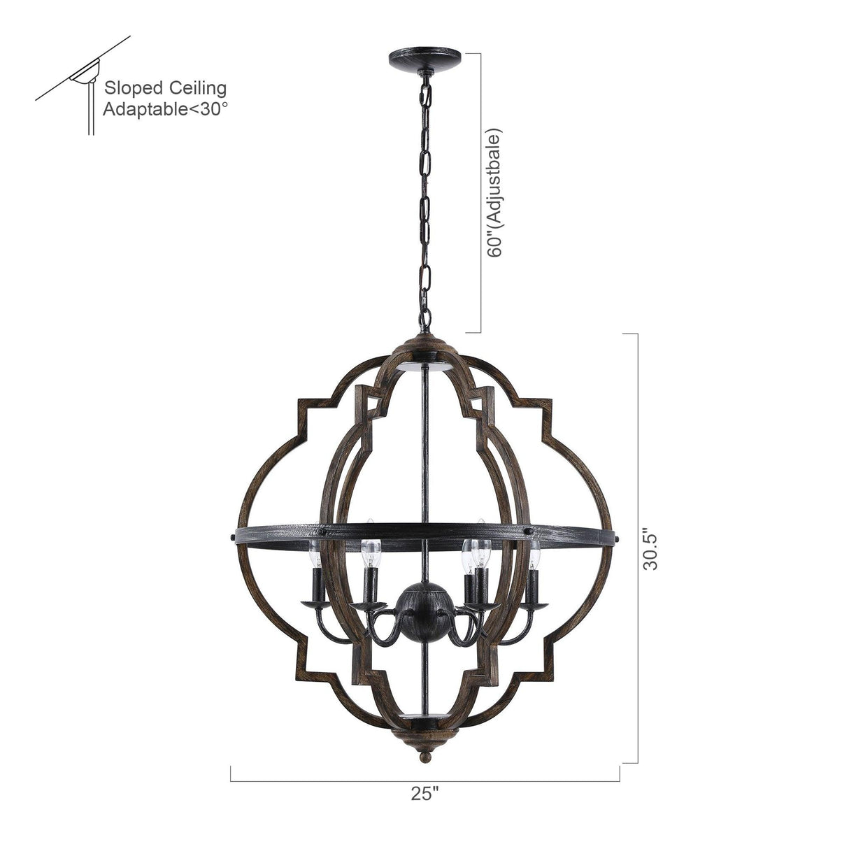 Cambon 6-Light Distressed Black and Brushed Wood Lantern Geometric Chandelier