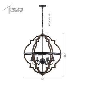 Cambon 6-Light Distressed Black and Brushed Wood Lantern Geometric Chandelier