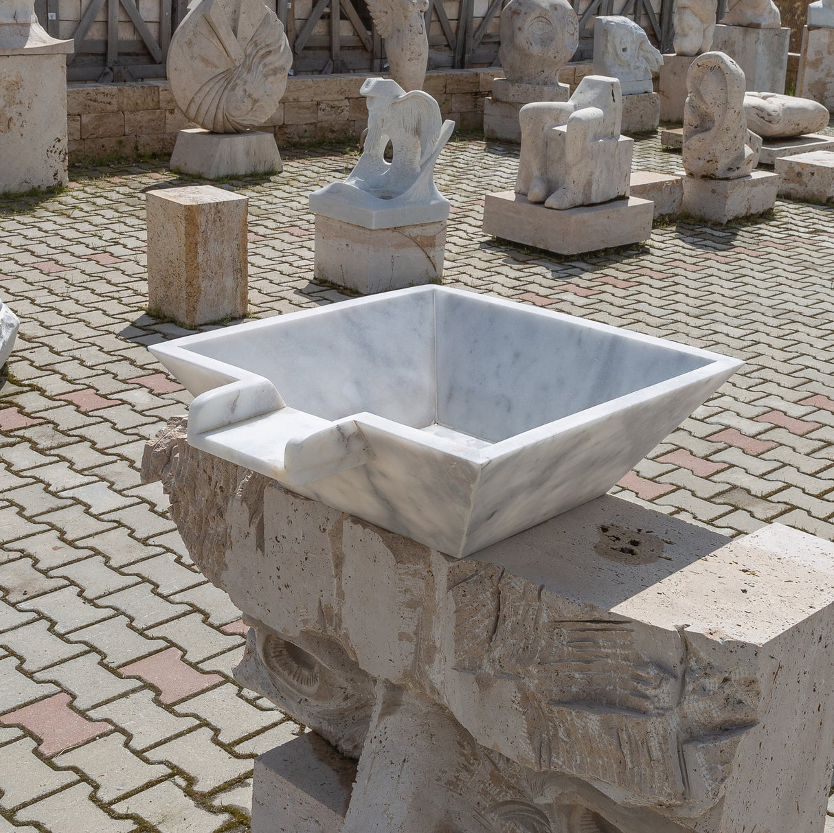 Carrara White Marble Natural Stone Pool Square Cascade Water Bowl - Belair Collection