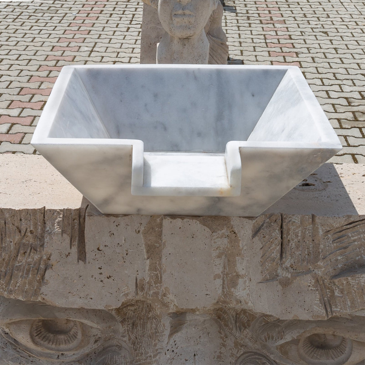 Carrara White Marble Natural Stone Pool Square Cascade Water Bowl - Belair Collection
