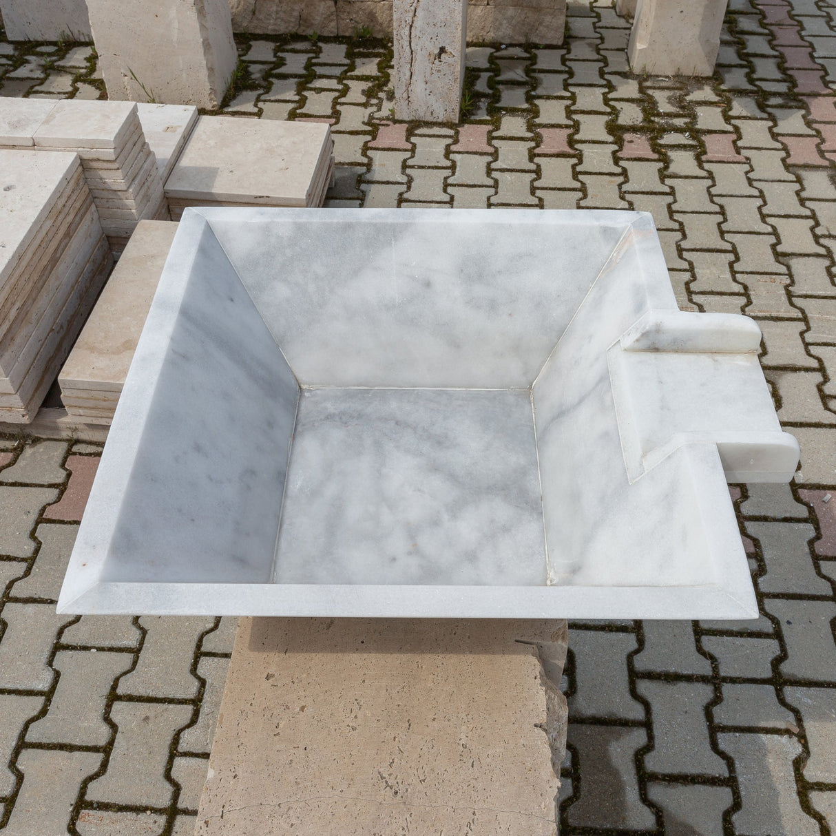 Carrara White Marble Natural Stone Pool Square Cascade Water Bowl - Belair Collection