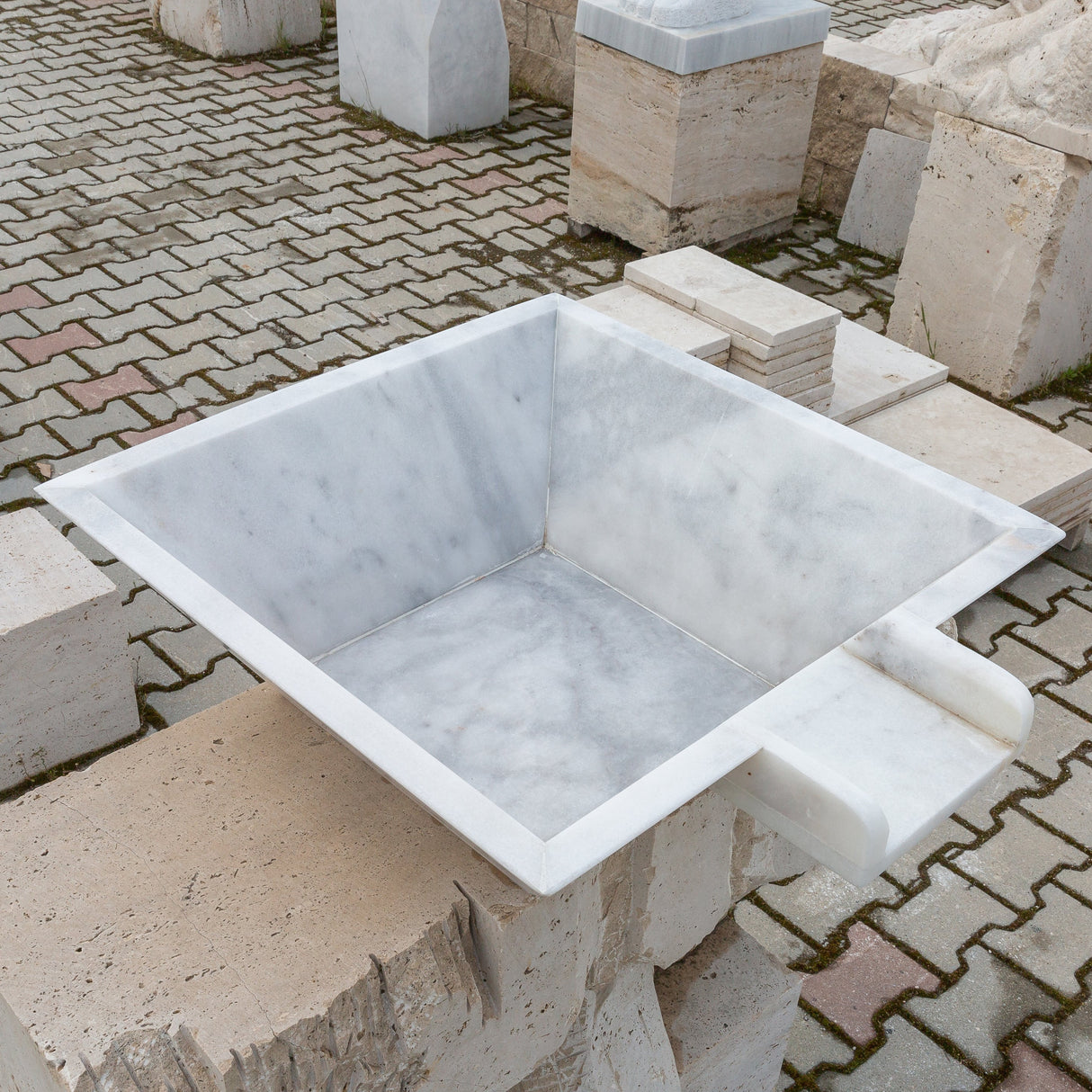 Carrara White Marble Natural Stone Pool Square Cascade Water Bowl - Belair Collection