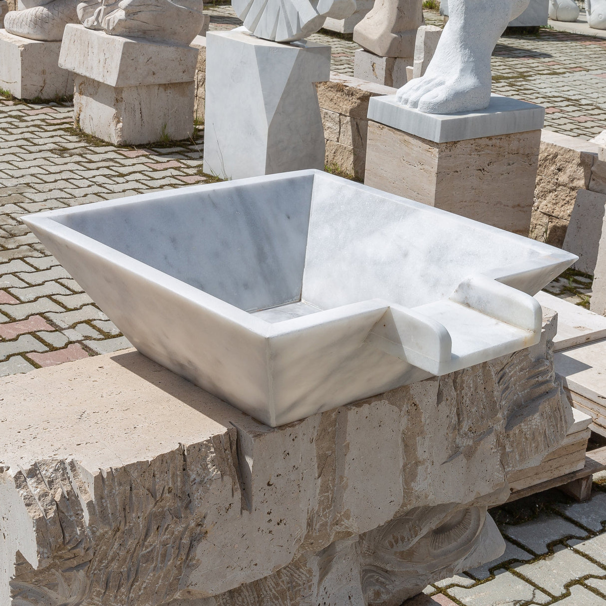 Carrara White Marble Natural Stone Pool Square Cascade Water Bowl - Belair Collection