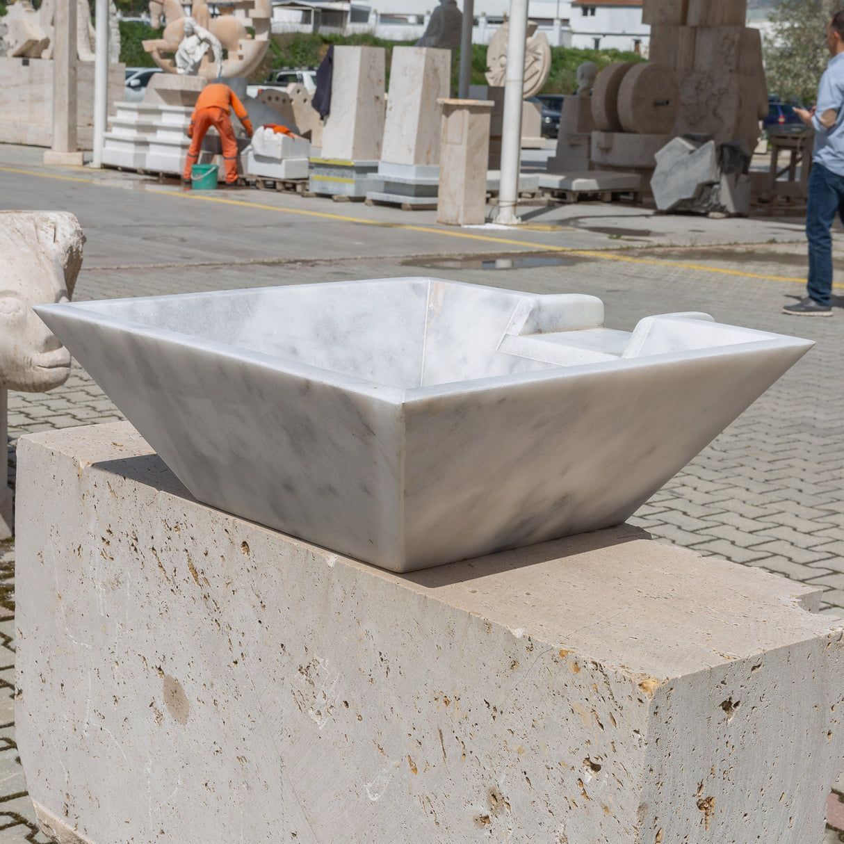 Carrara White Marble Natural Stone Pool Square Cascade Water Bowl - Belair Collection