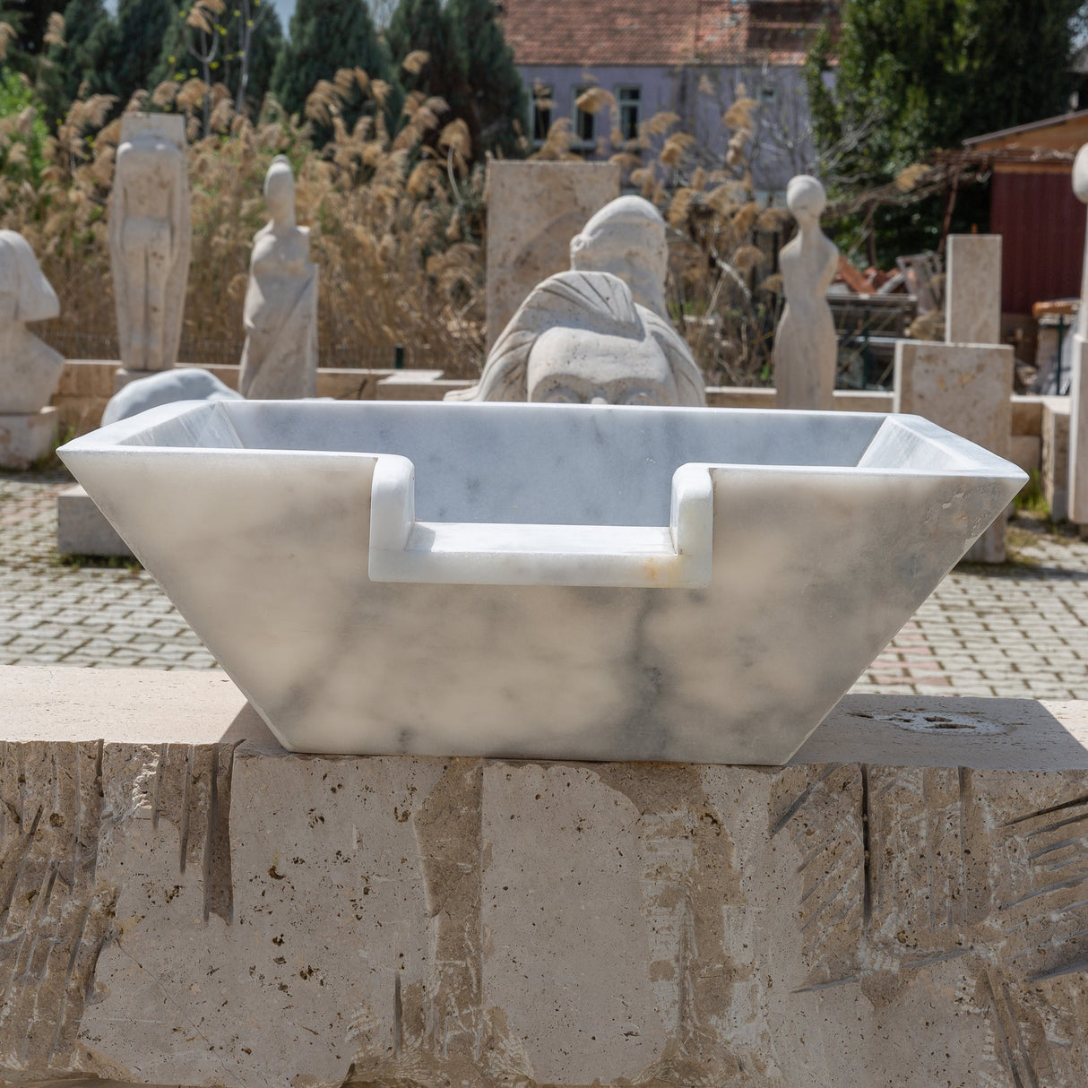 Carrara White Marble Natural Stone Pool Square Cascade Water Bowl - Belair Collection