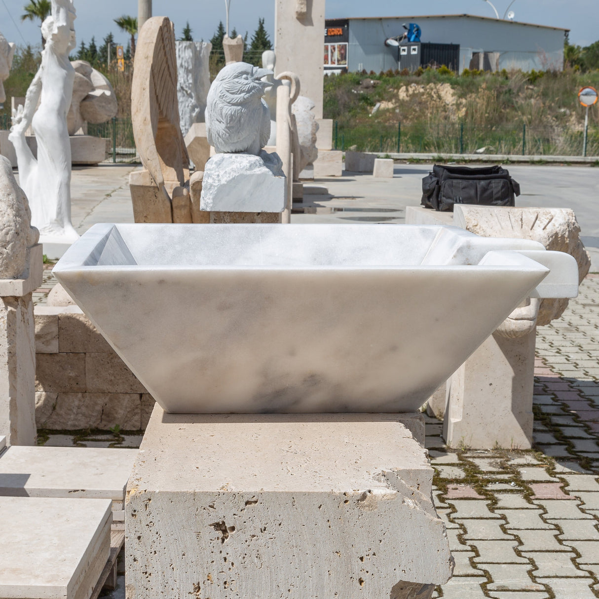 Carrara White Marble Natural Stone Pool Square Cascade Water Bowl - Belair Collection
