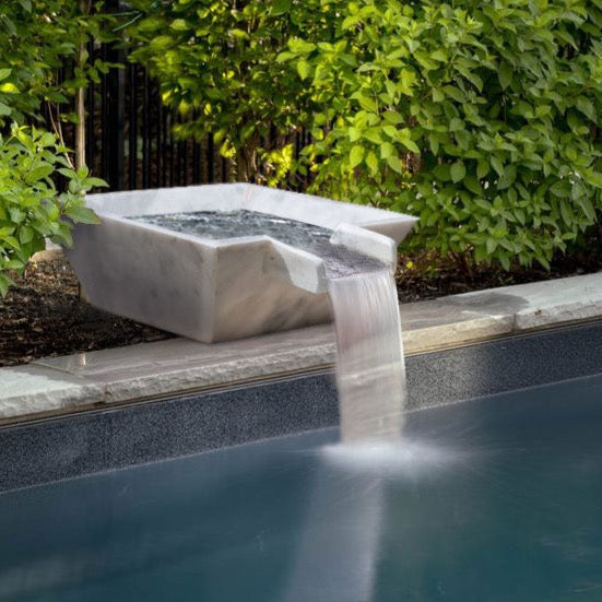 Carrara White Marble Natural Stone Pool Square Cascade Water Bowl - Belair Collection