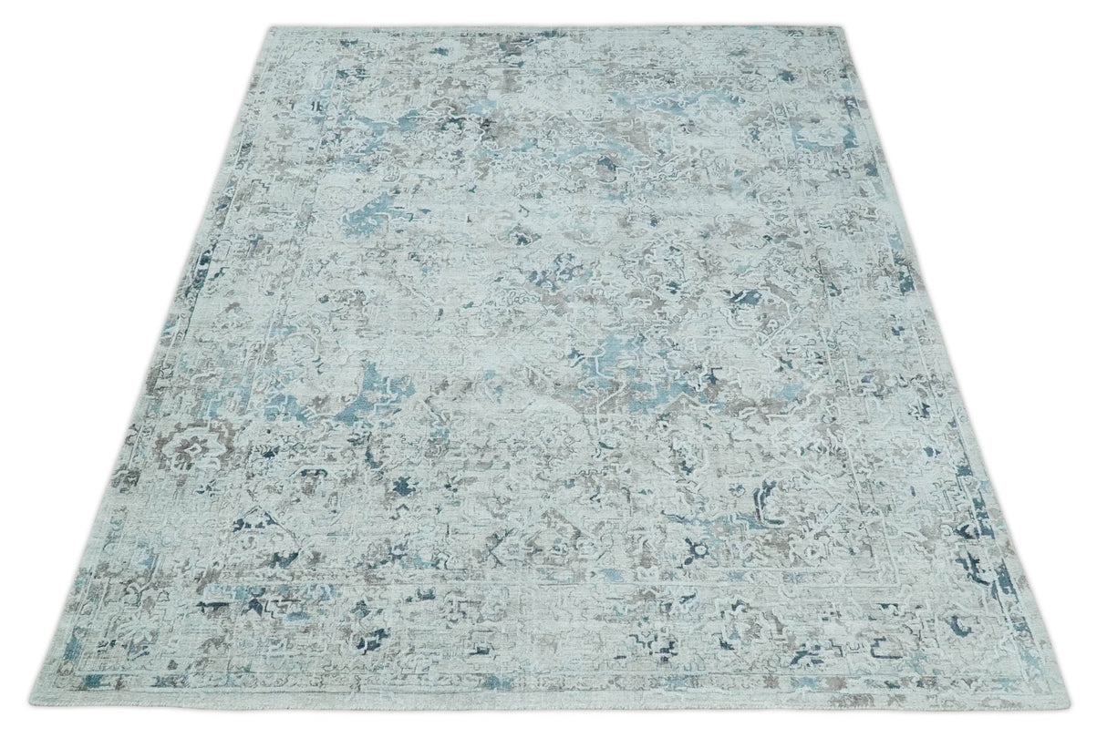 Carved 8x10 Silver, Gray and Charcoal Modern Abstract Handmade Art Silk and Wool Area Rug