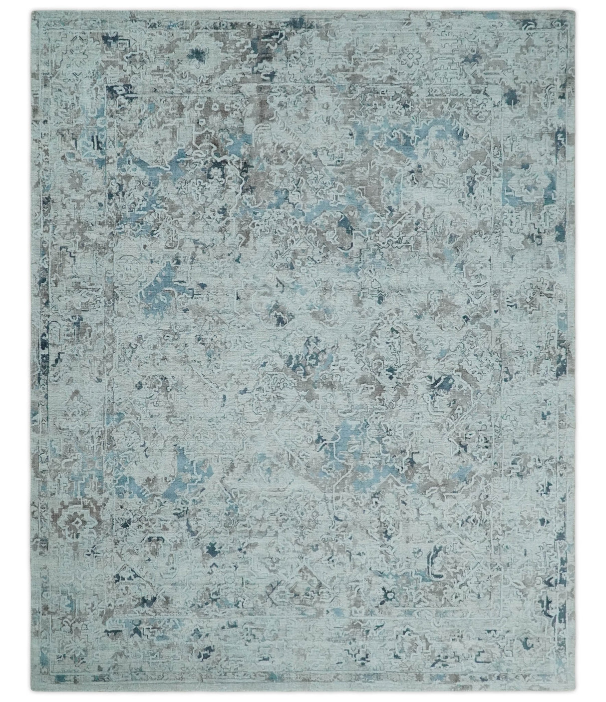 Carved 8x10 Silver, Gray and Charcoal Modern Abstract Handmade Art Silk and Wool Area Rug
