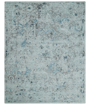 Carved 8x10 Silver, Gray and Charcoal Modern Abstract Handmade Art Silk and Wool Area Rug