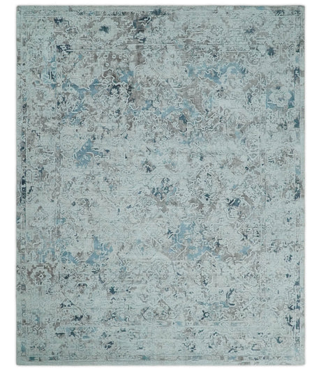 Carved 8x10 Silver, Gray and Charcoal Modern Abstract Handmade Art Silk and Wool Area Rug