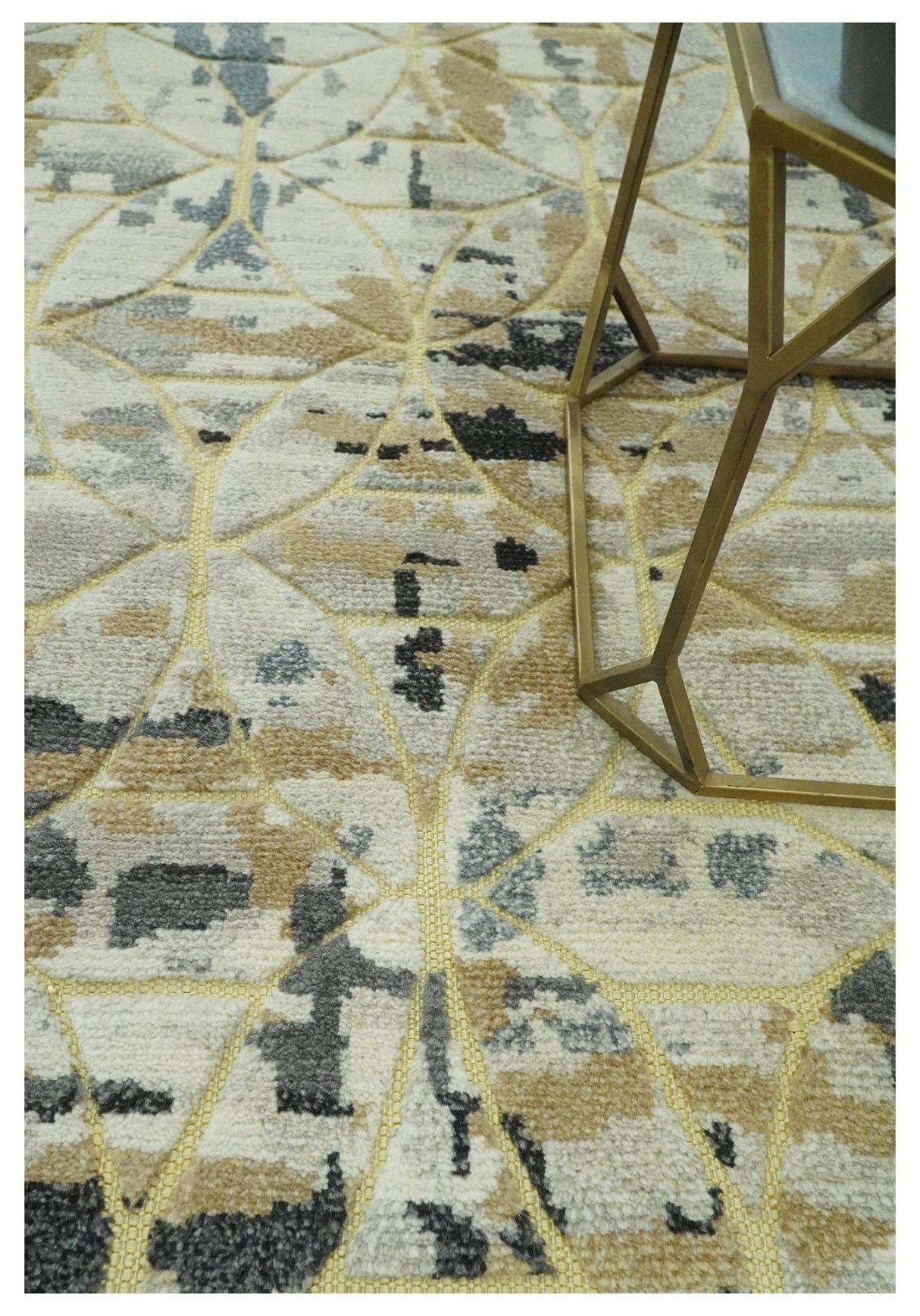 Carved Texture Abstract Ivory, Gray, Camel, Charcoal and Gold Hand Knotted 5x8 wool Rug