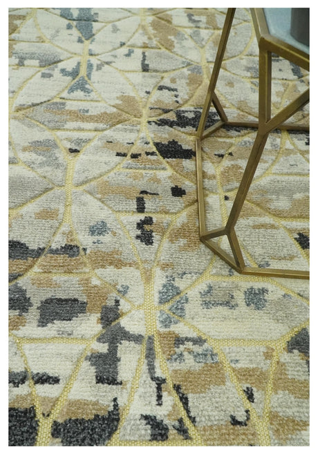 Carved Texture Abstract Ivory, Gray, Camel, Charcoal and Gold Hand Knotted 5x8 wool Rug