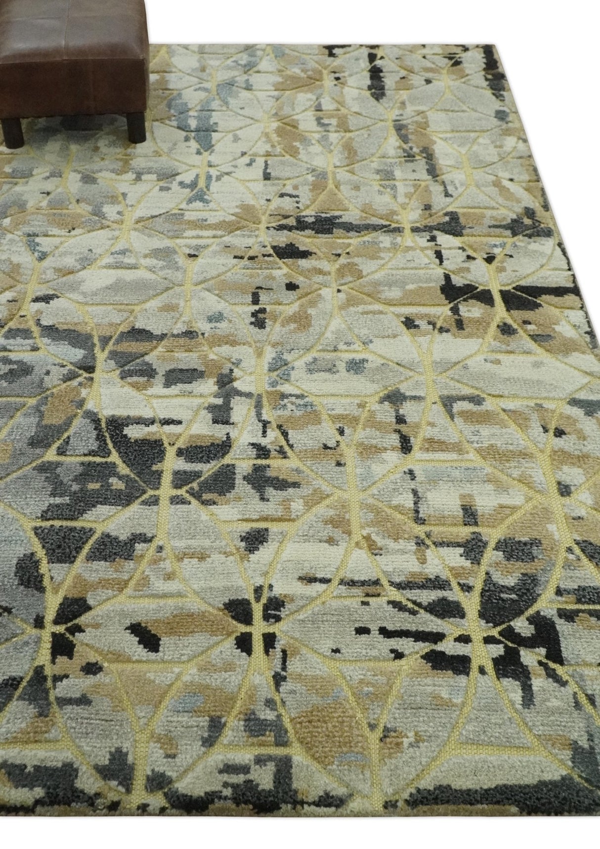 Carved Texture Abstract Ivory, Gray, Camel, Charcoal and Gold Hand Knotted 5x8 wool Rug