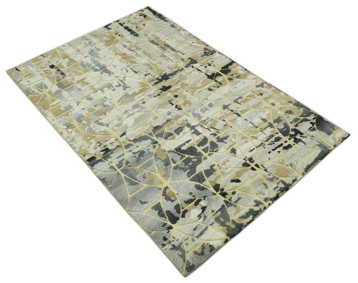 Carved Texture Abstract Ivory, Gray, Camel, Charcoal and Gold Hand Knotted 5x8 wool Rug