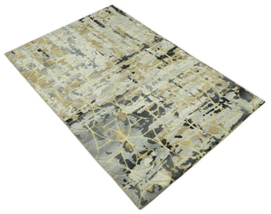 Carved Texture Abstract Ivory, Gray, Camel, Charcoal and Gold Hand Knotted 5x8 wool Rug