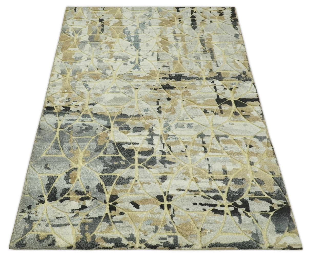 Carved Texture Abstract Ivory, Gray, Camel, Charcoal and Gold Hand Knotted 5x8 wool Rug
