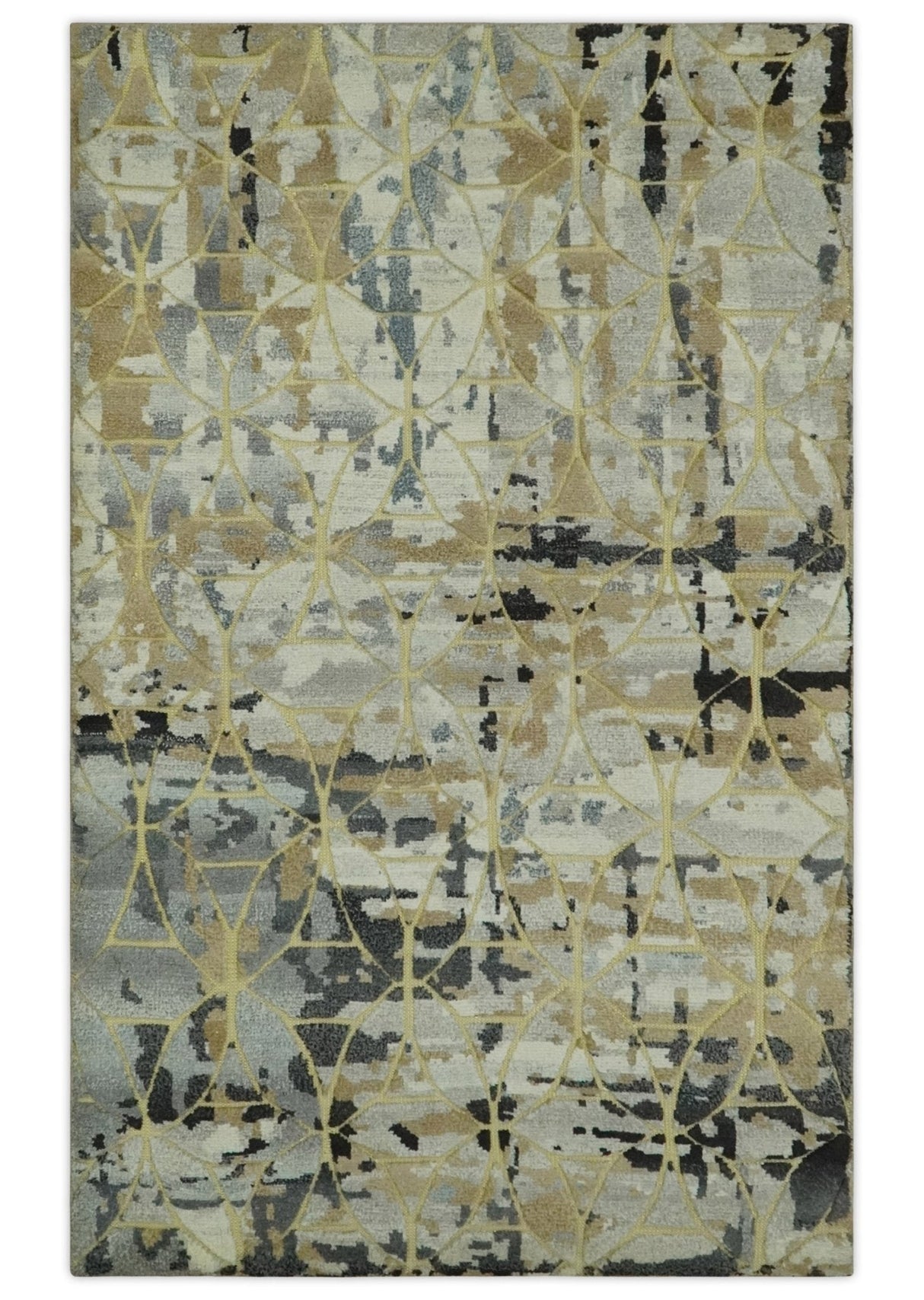 Carved Texture Abstract Ivory, Gray, Camel, Charcoal and Gold Hand Knotted 5x8 wool Rug