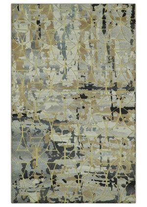 Carved Texture Abstract Ivory, Gray, Camel, Charcoal and Gold Hand Knotted 5x8 wool Rug