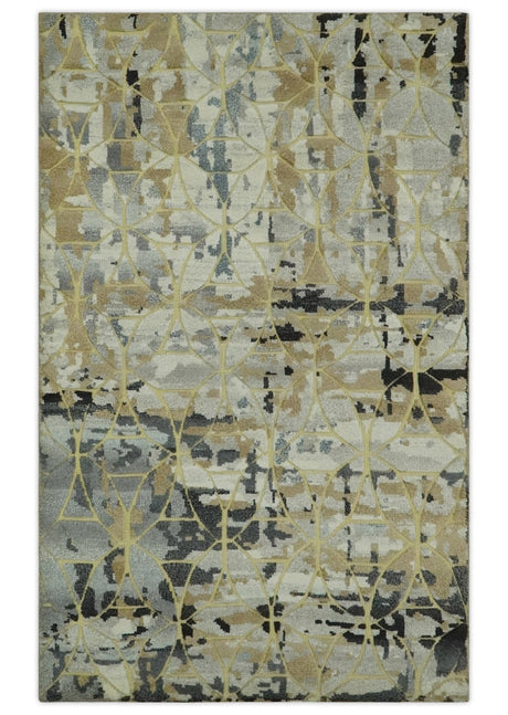 Carved Texture Abstract Ivory, Gray, Camel, Charcoal and Gold Hand Knotted 5x8 wool Rug