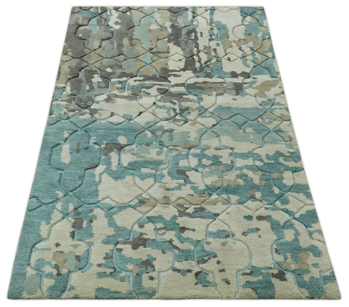 Carved Texture Ivory, Blue, Olive and Charcoal Modern Abstract 5x8 Hand Knotted wool Area Rug