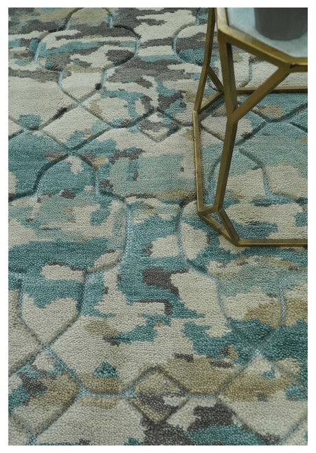 Carved Texture Ivory, Blue, Olive and Charcoal Modern Abstract 5x8 Hand Knotted wool Area Rug
